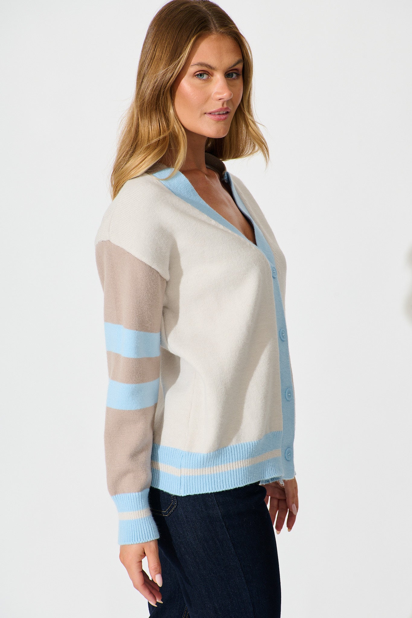 Dina Knit Cardigan In Blue Multi Wool Blend