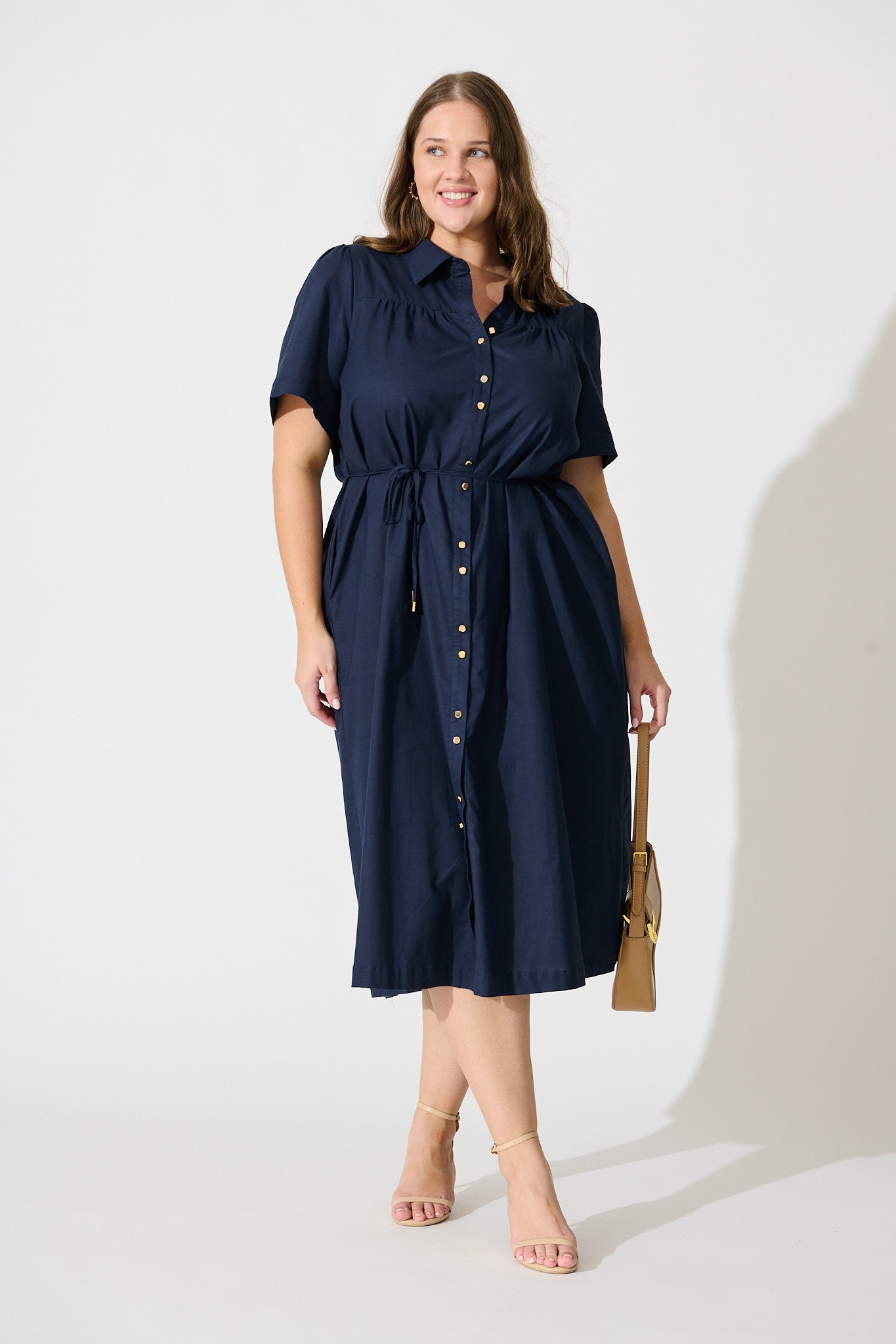 Oatland Midi Shirt Dress In Navy Cotton Linen