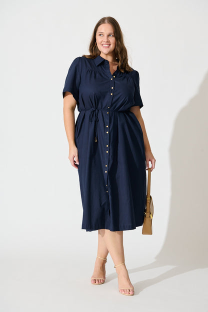 Oatland Midi Shirt Dress In Navy Cotton Linen