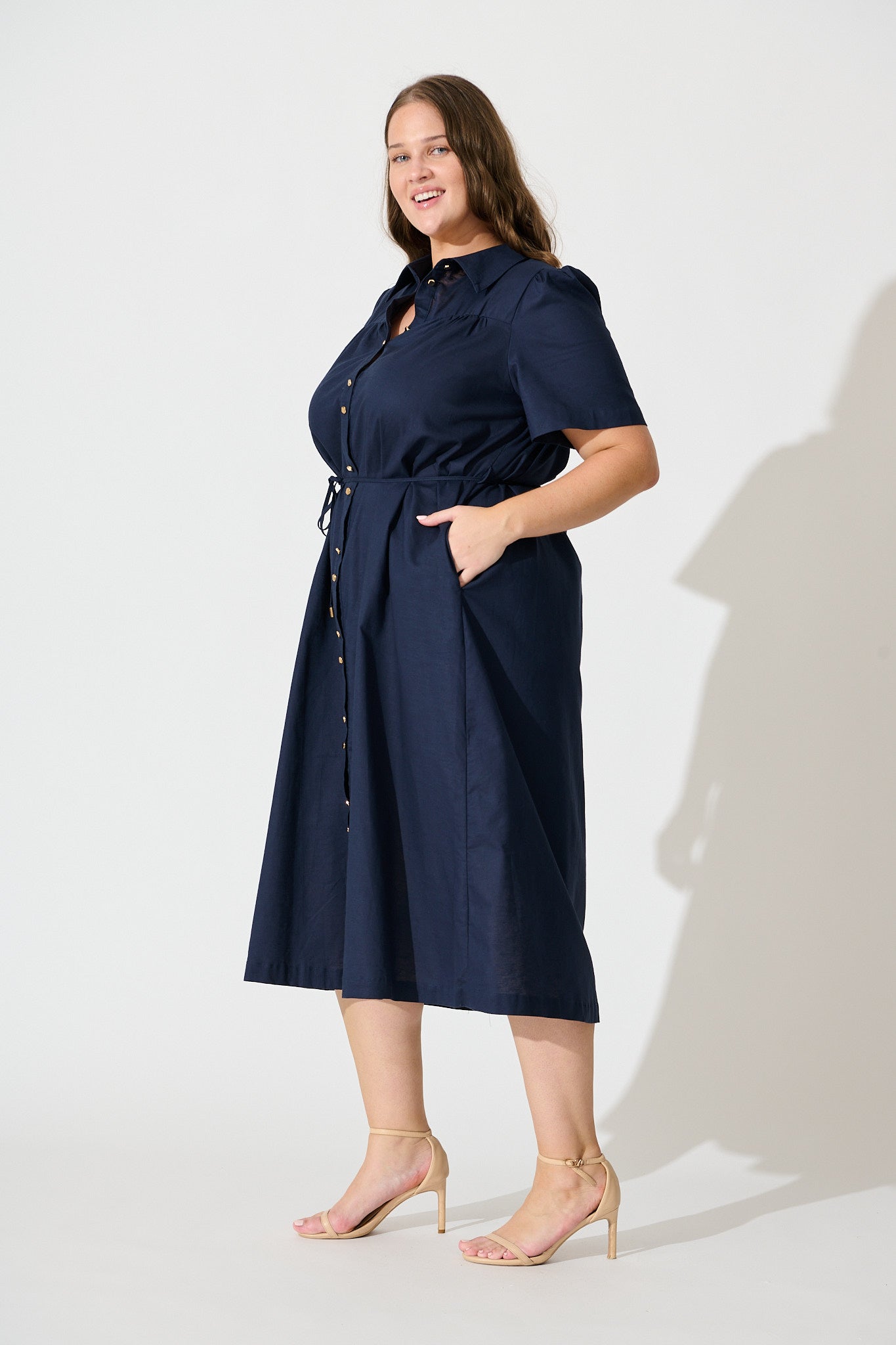 Oatland Midi Shirt Dress In Navy Cotton Linen