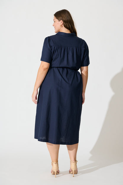Oatland Midi Shirt Dress In Navy Cotton Linen