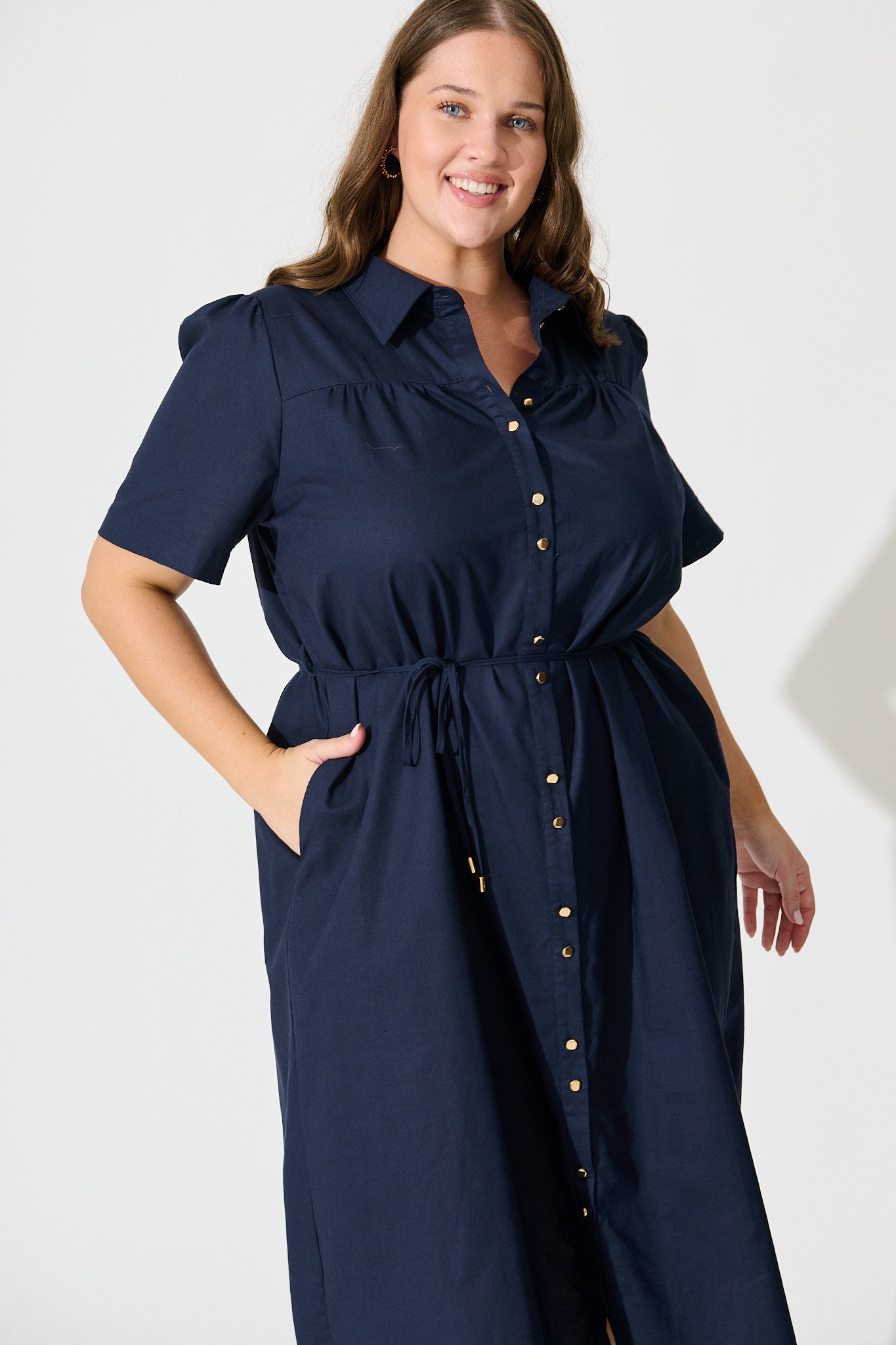 Oatland Midi Shirt Dress In Navy Cotton Linen