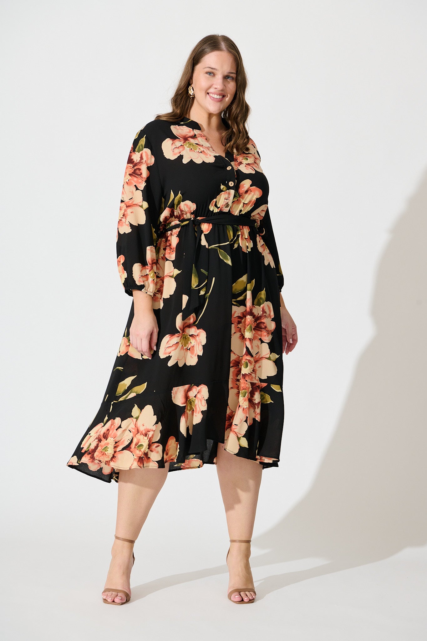 Jemimah Midi Dress In Black with Blush Floral