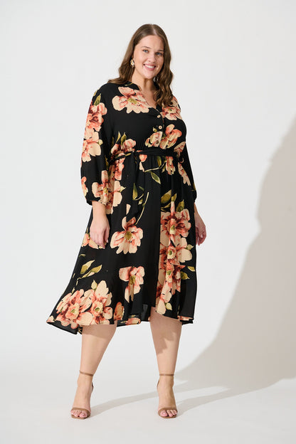 Jemimah Midi Dress In Black with Blush Floral