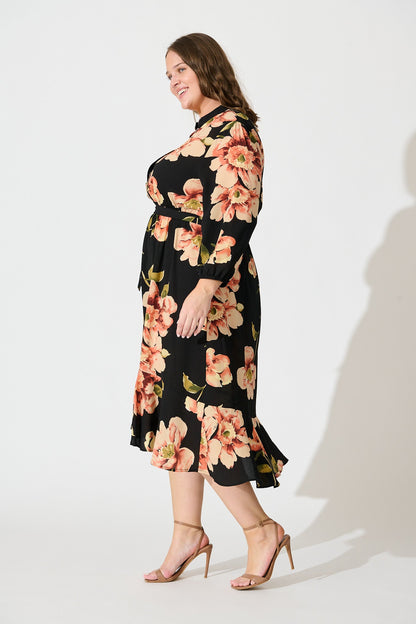 Jemimah Midi Dress In Black with Blush Floral