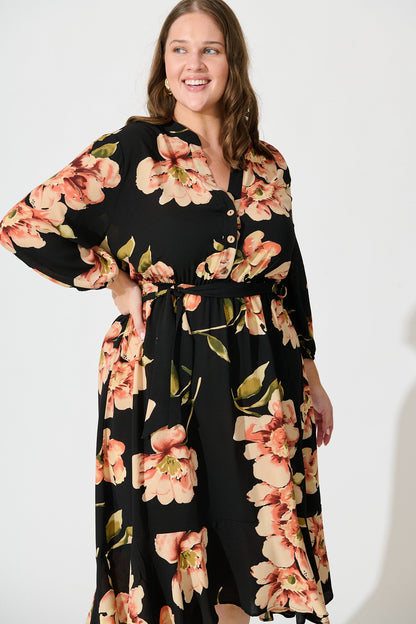 Jemimah Midi Dress In Black with Blush Floral