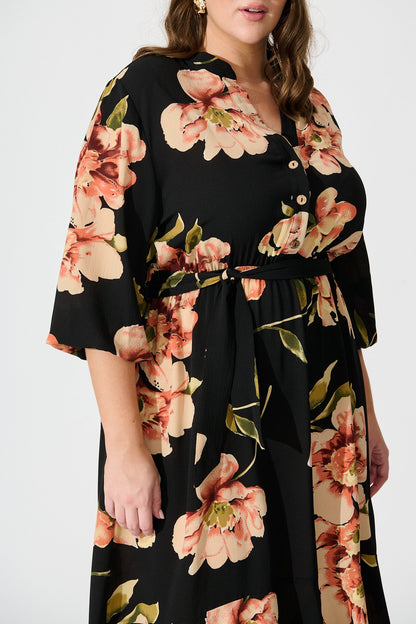 Jemimah Midi Dress In Black with Blush Floral