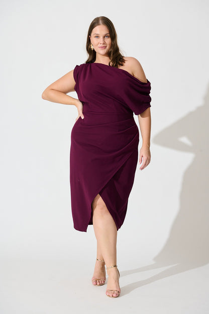 Phoenix Off Shoulder Midi Dress In Plum