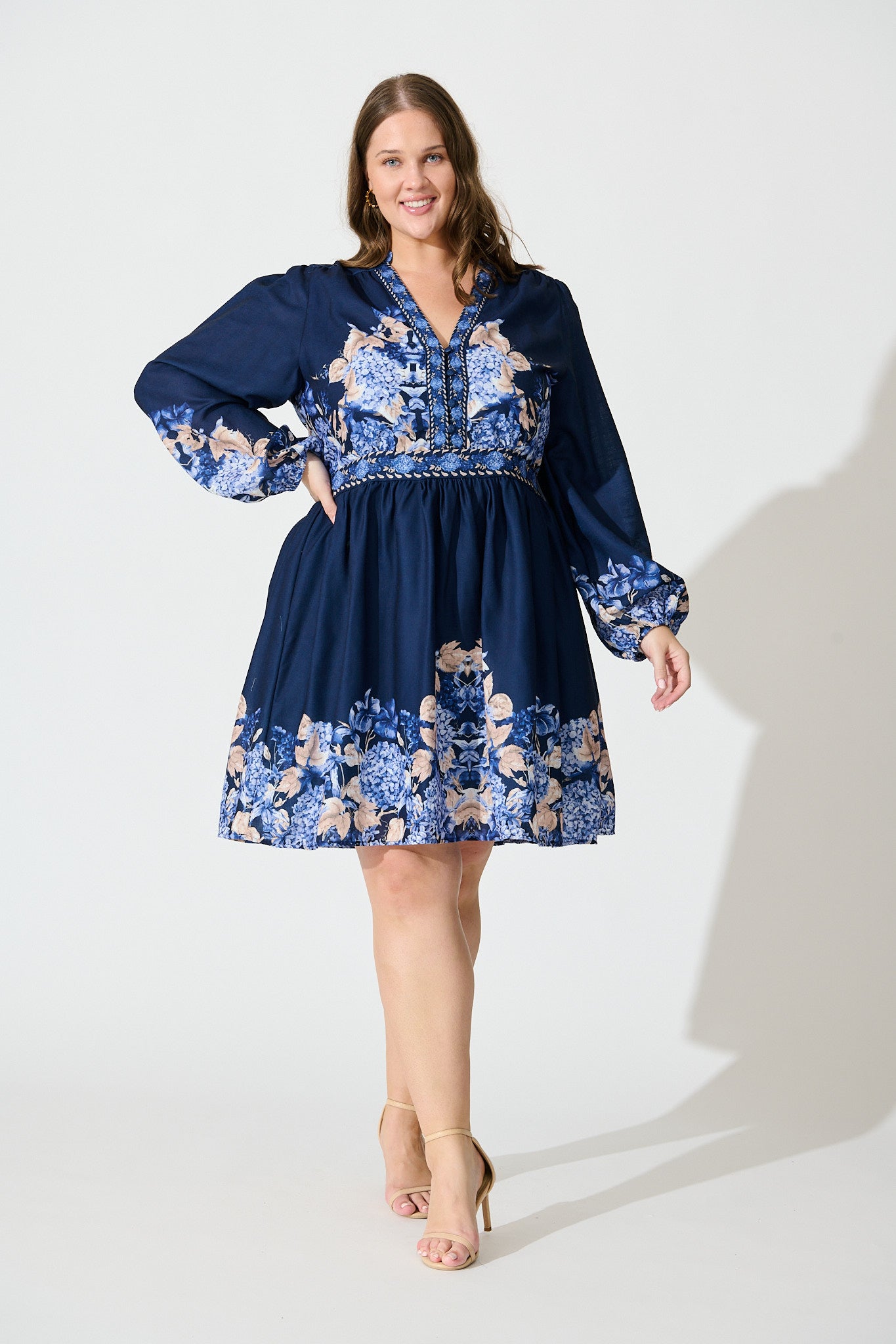 Clarion Dress in Navy Border Floral Linen Blend