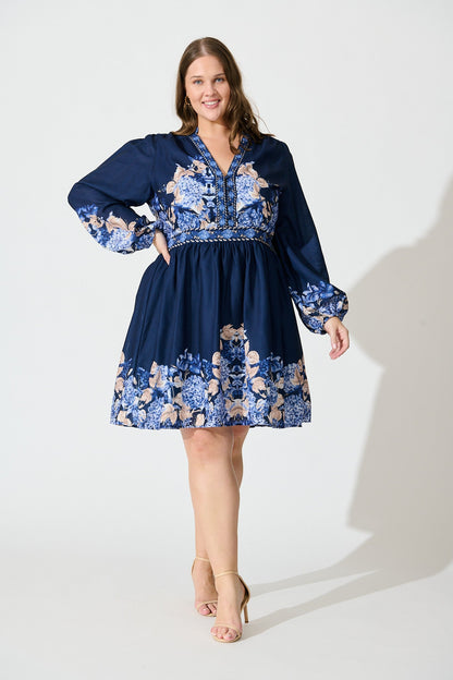 Clarion Dress in Navy Border Floral Linen Blend