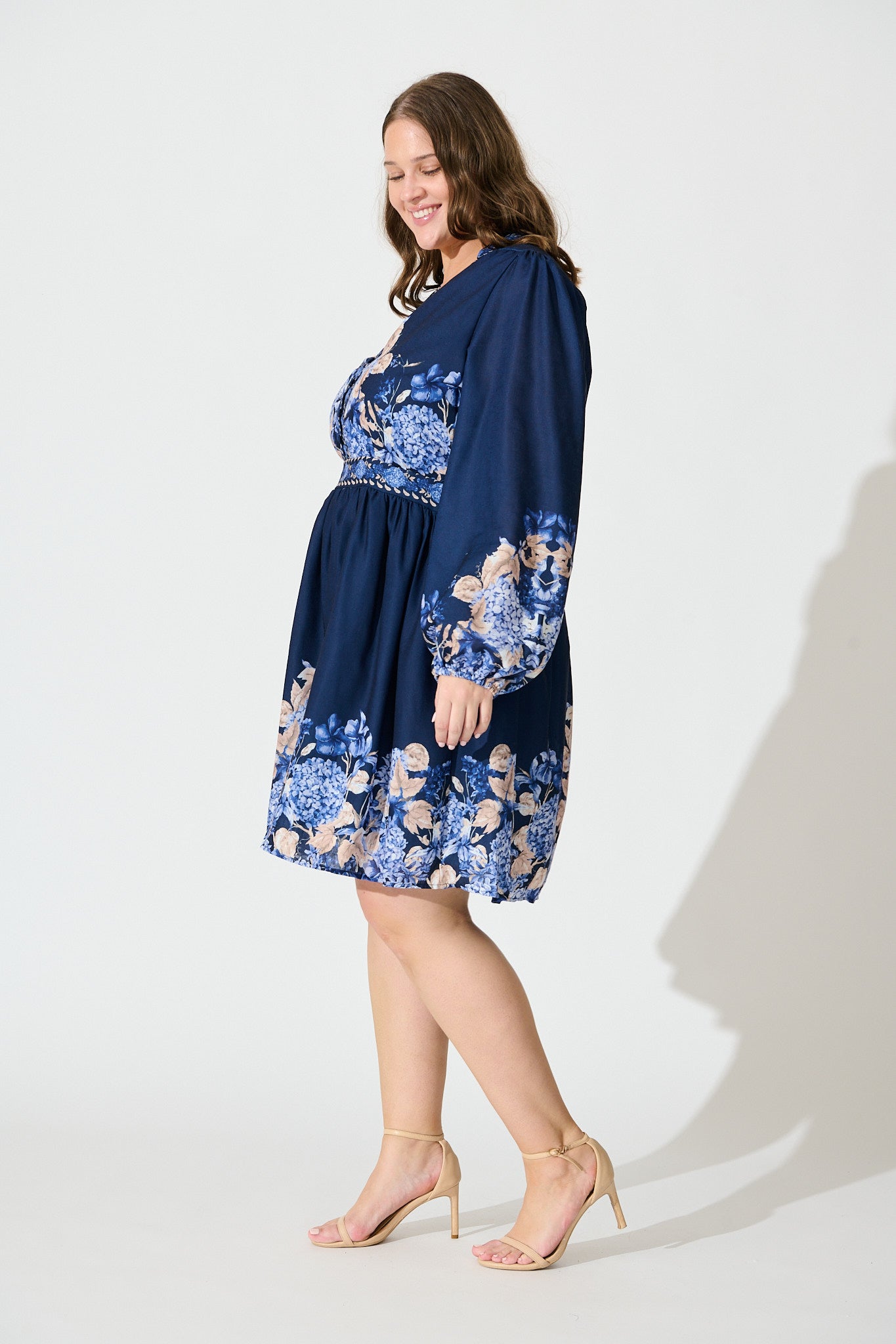 Clarion Dress in Navy Border Floral Linen Blend