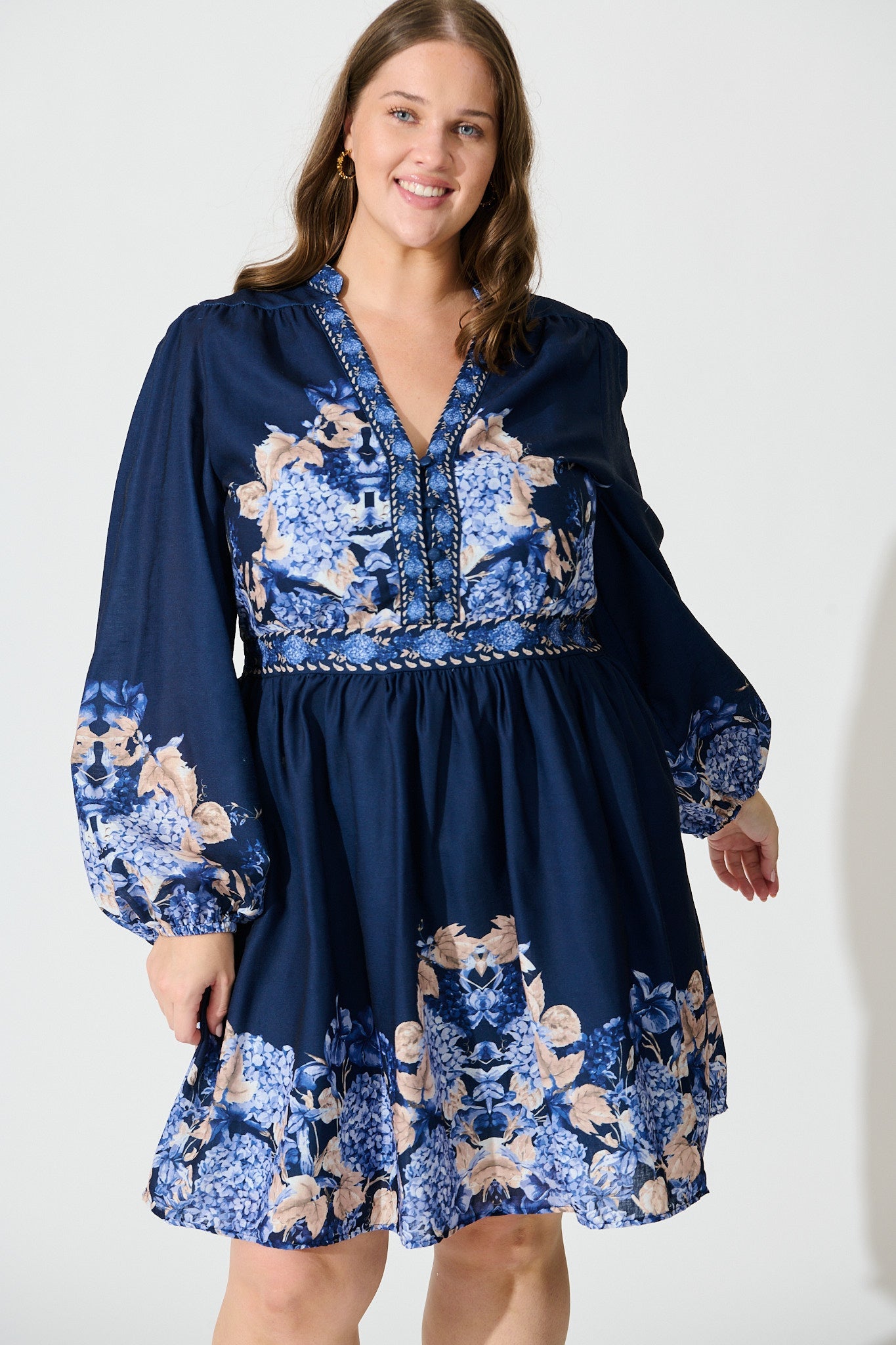 Clarion Dress in Navy Border Floral Linen Blend