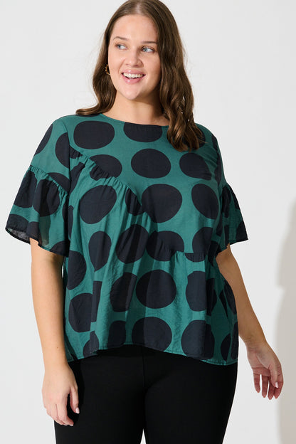 Girona Top In Emerald with Black Spot Cotton Blend