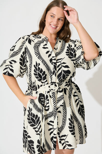 Montebello Dress in Cream with Black Leaf