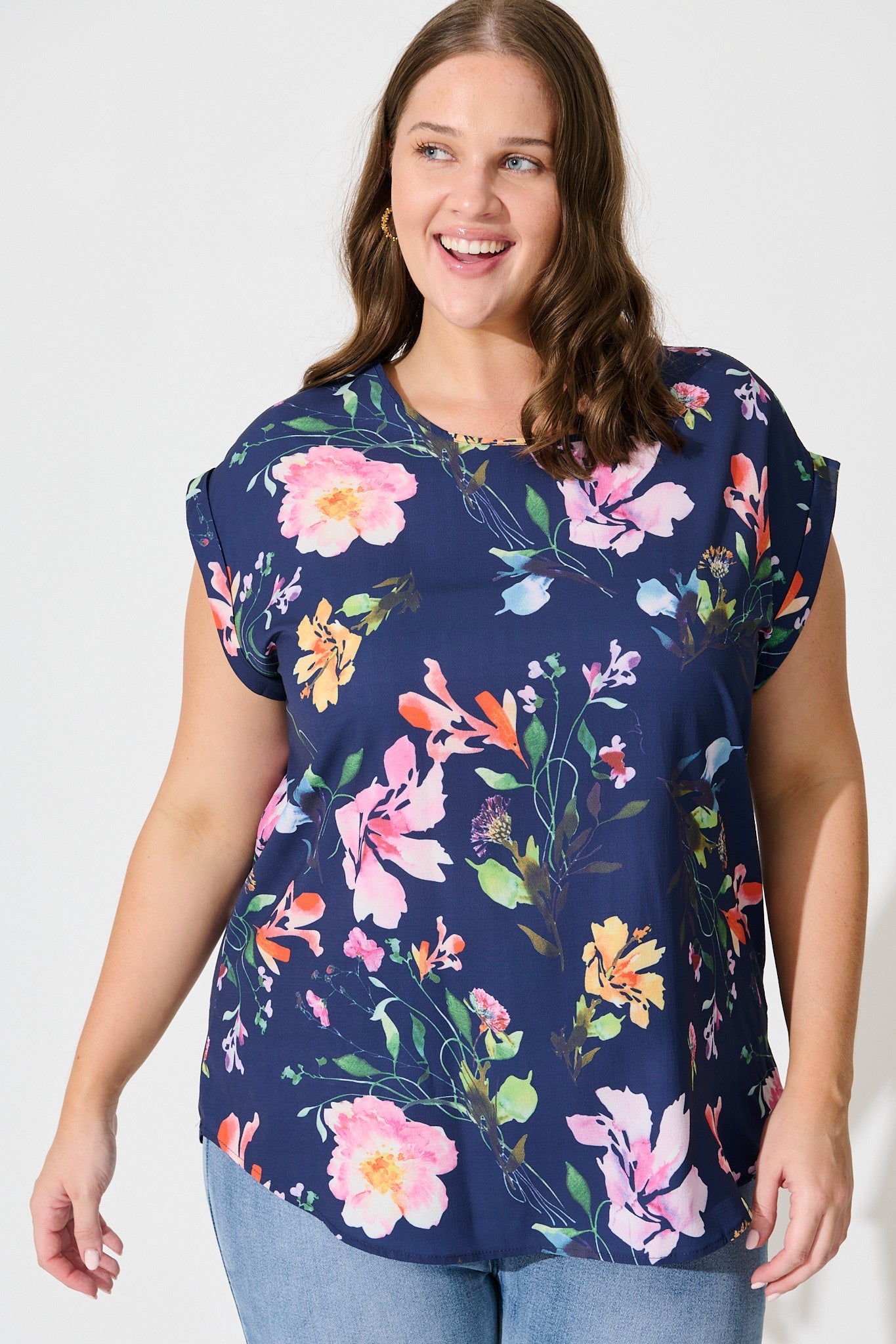 Rejina Top In Navy With Multi Floral Print