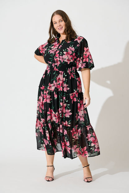Brittney Midi Dress In Black And Pink Floral Chiffon