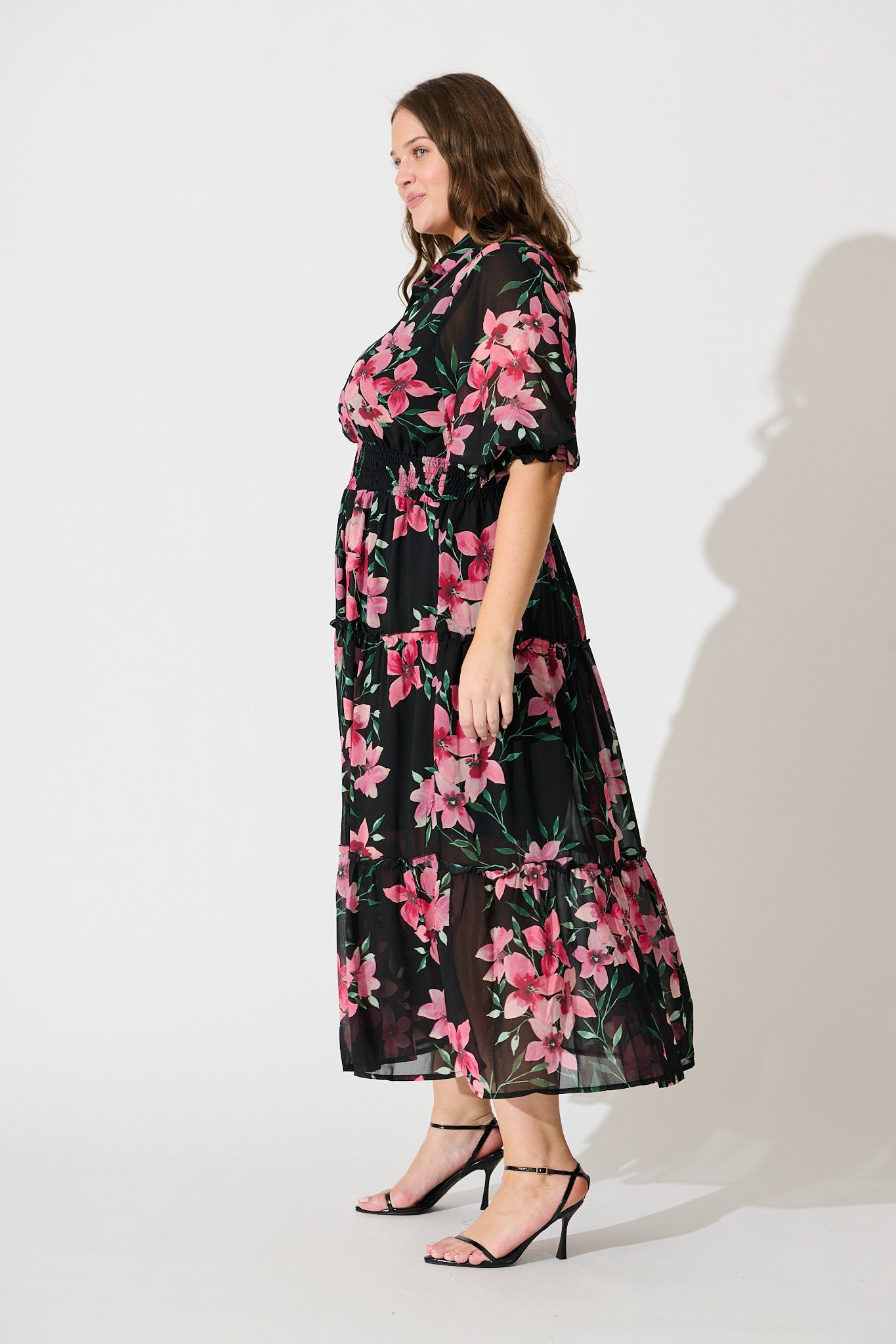 Brittney Midi Dress In Black And Pink Floral Chiffon