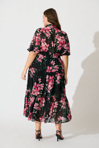 Brittney Midi Dress In Black And Pink Floral Chiffon