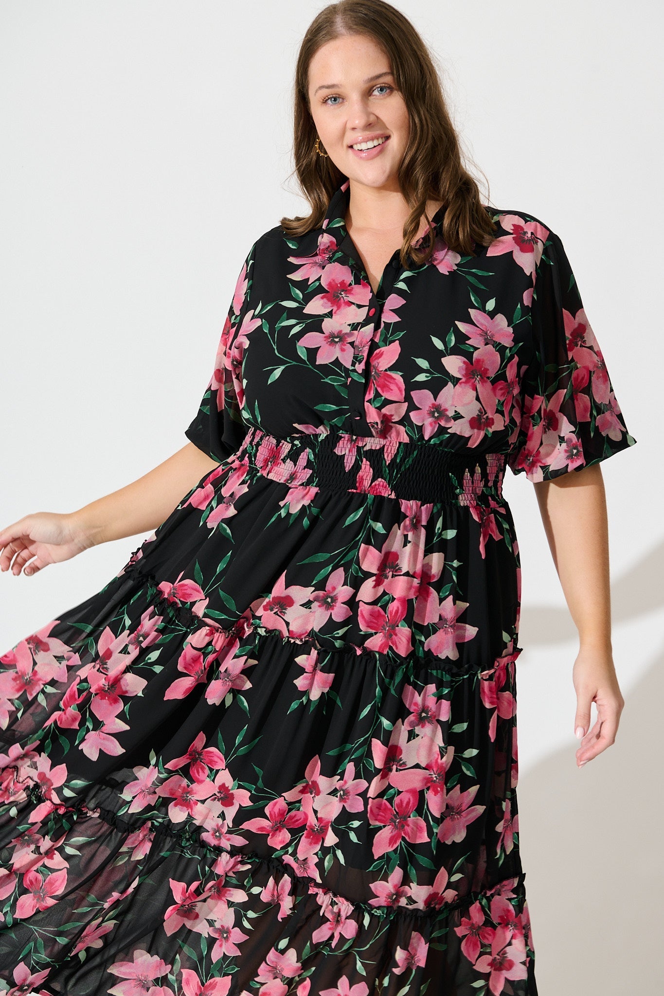 Brittney Midi Dress In Black And Pink Floral Chiffon