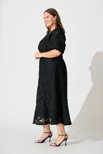 Opulence Midi Dress In Black Floral Organza Jacquard