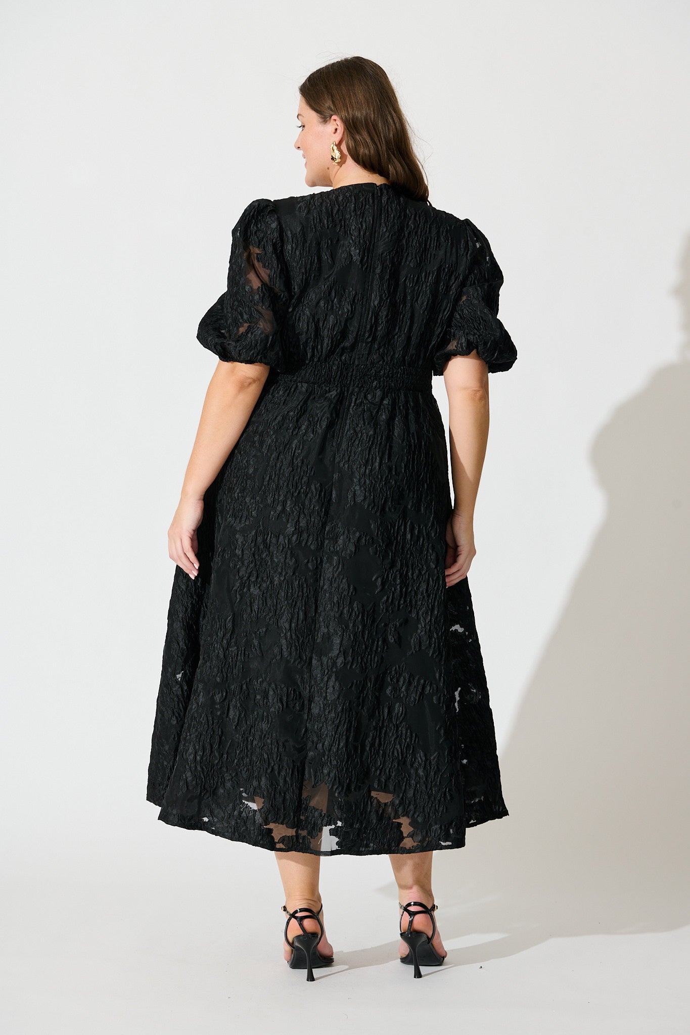Opulence Midi Dress In Black Floral Organza Jacquard