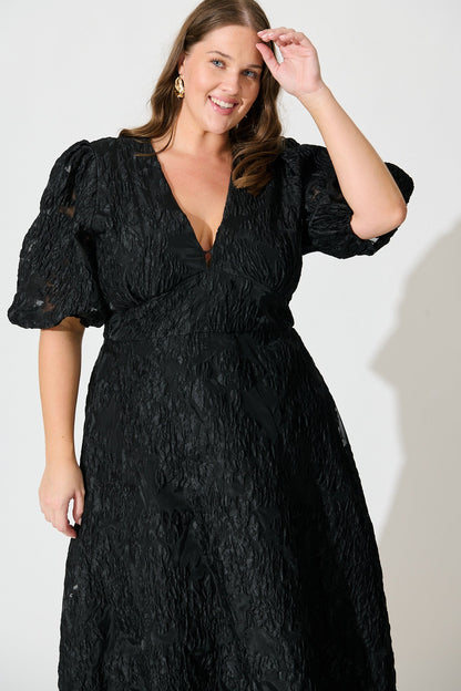 Opulence Midi Dress In Black Floral Organza Jacquard