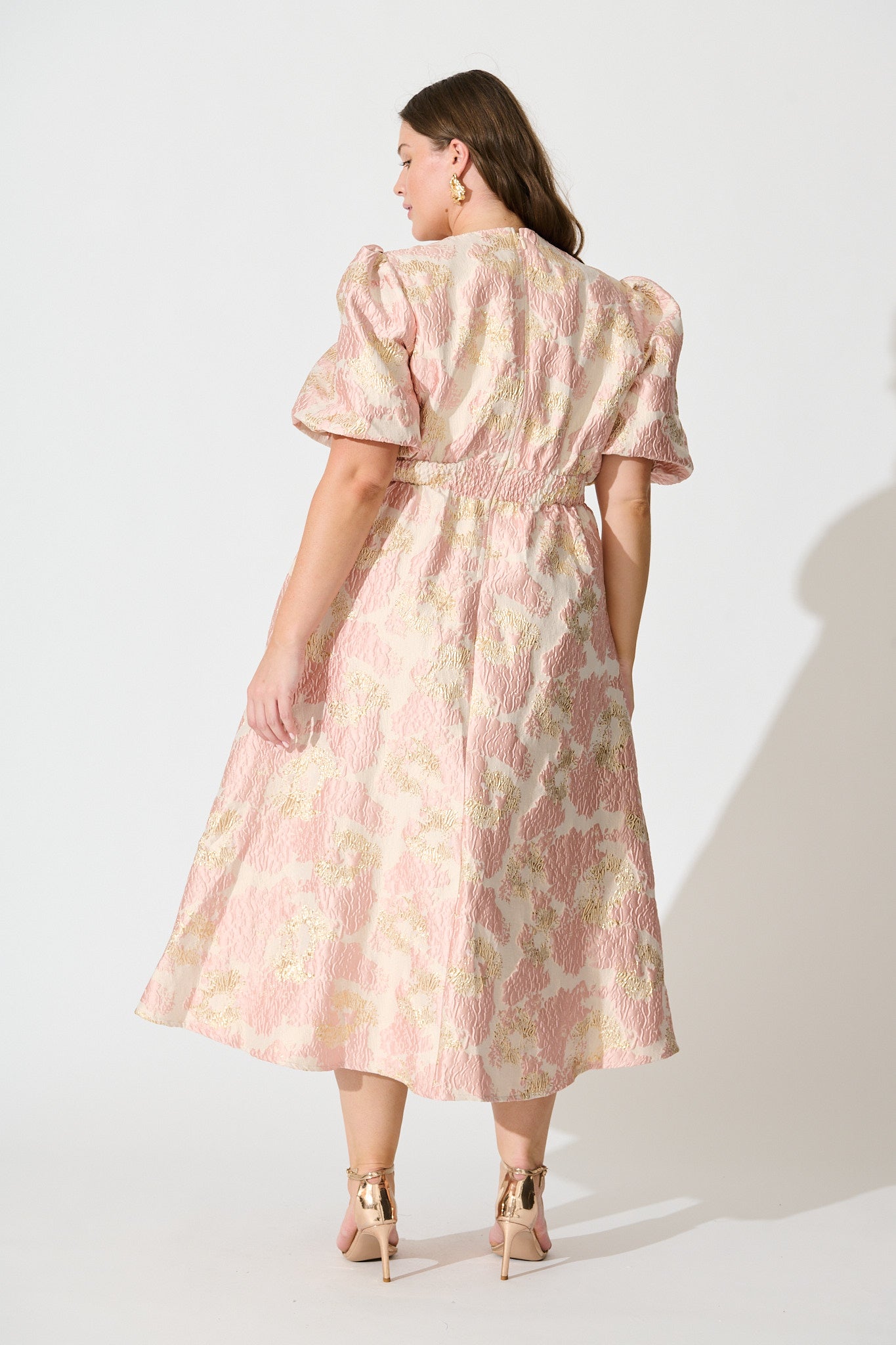 Opulence Midi Dress in Blush with Gold Jacquard