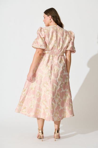 Opulence Midi Dress in Blush with Gold Jacquard