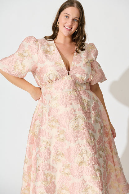 Opulence Midi Dress in Blush with Gold Jacquard