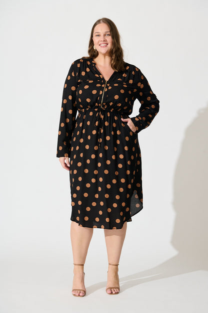 Rival Zip Dress in Black with Brown Spot