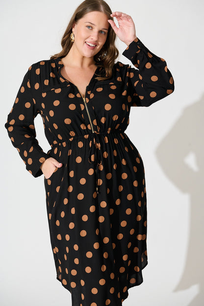 Rival Zip Dress in Black with Brown Spot