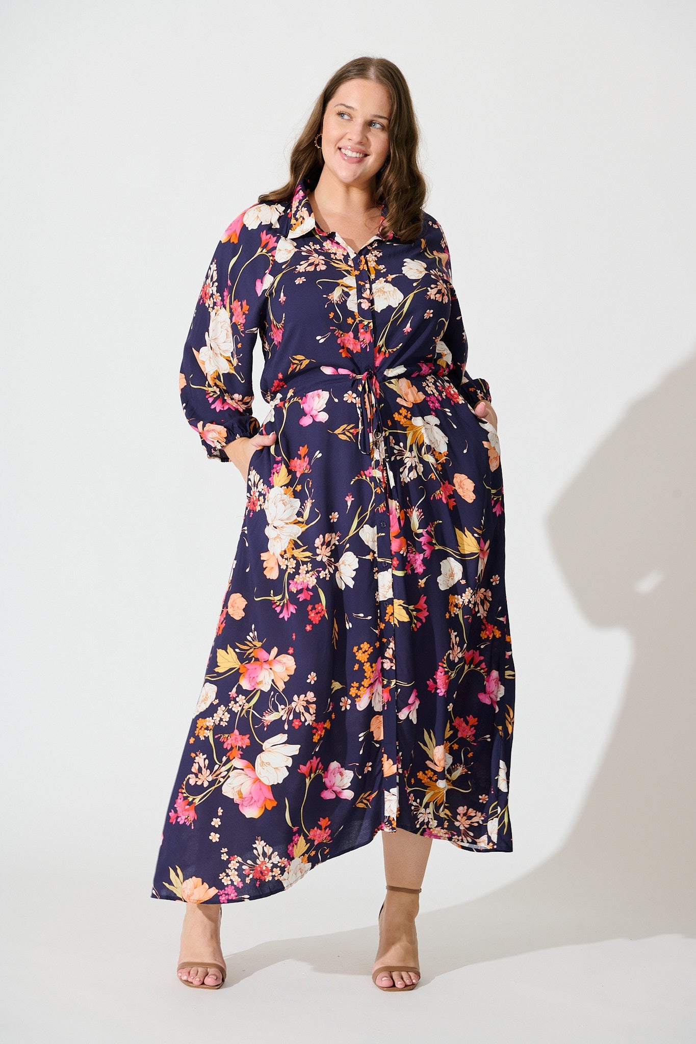 Neroli Midi Shirt Dress In Navy with Multi Floral