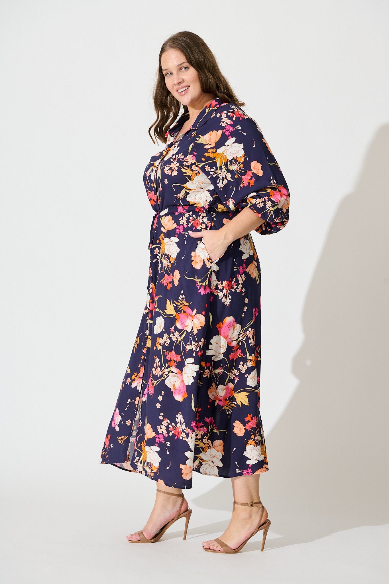 Neroli Midi Shirt Dress In Navy with Multi Floral