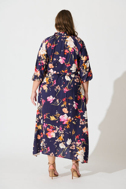 Neroli Midi Shirt Dress In Navy with Multi Floral
