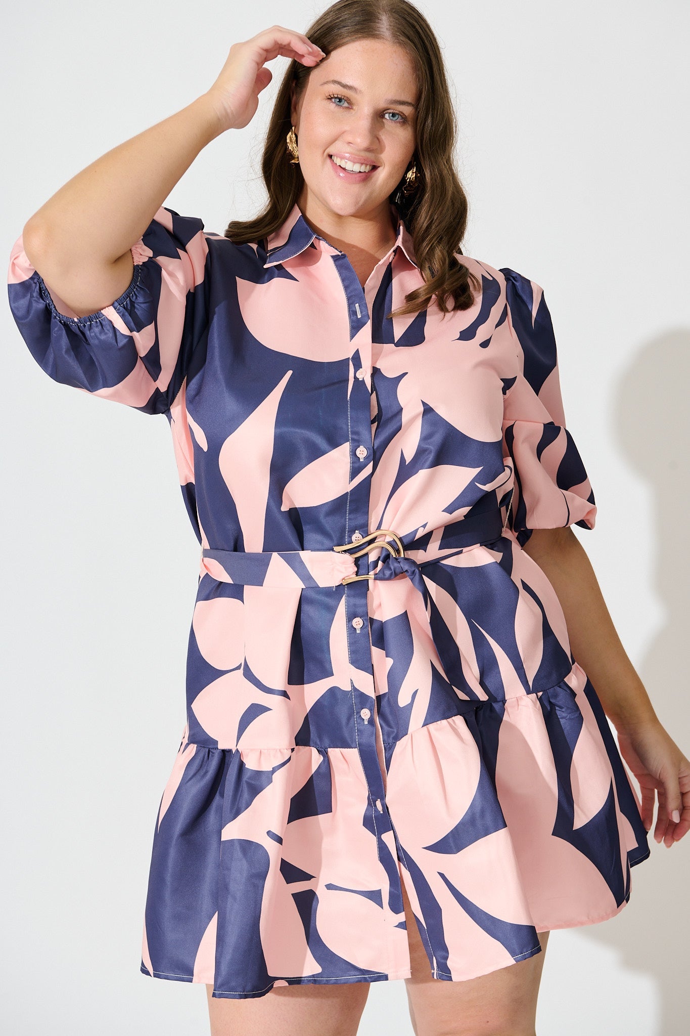 Janae Shirt Dress In Blue with Blush Print