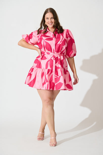 Fione Shirt Dress in Blush With Fuchsia Print