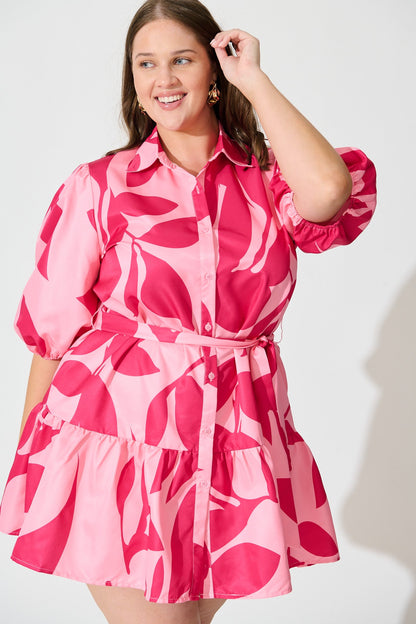 Fione Shirt Dress in Blush With Fuchsia Print