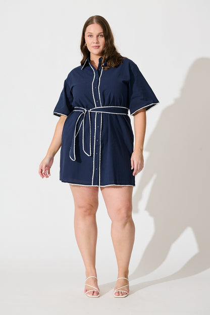Miela Shirt Dress in Navy with White Contrast Trim Cotton