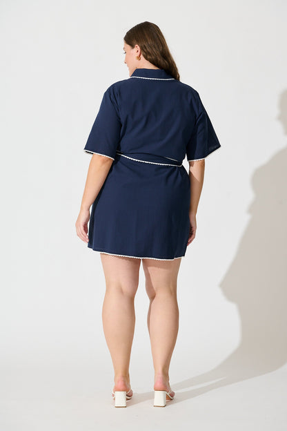 Miela Shirt Dress in Navy with White Contrast Trim Cotton