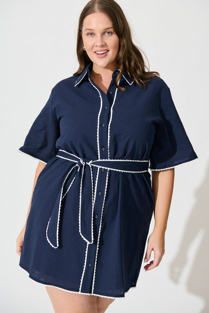 Miela Shirt Dress in Navy with White Contrast Trim Cotton