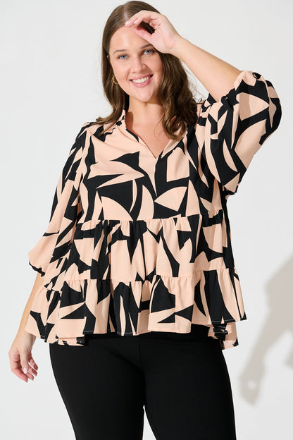 Talena Top in Black and Beige Geometric Print
