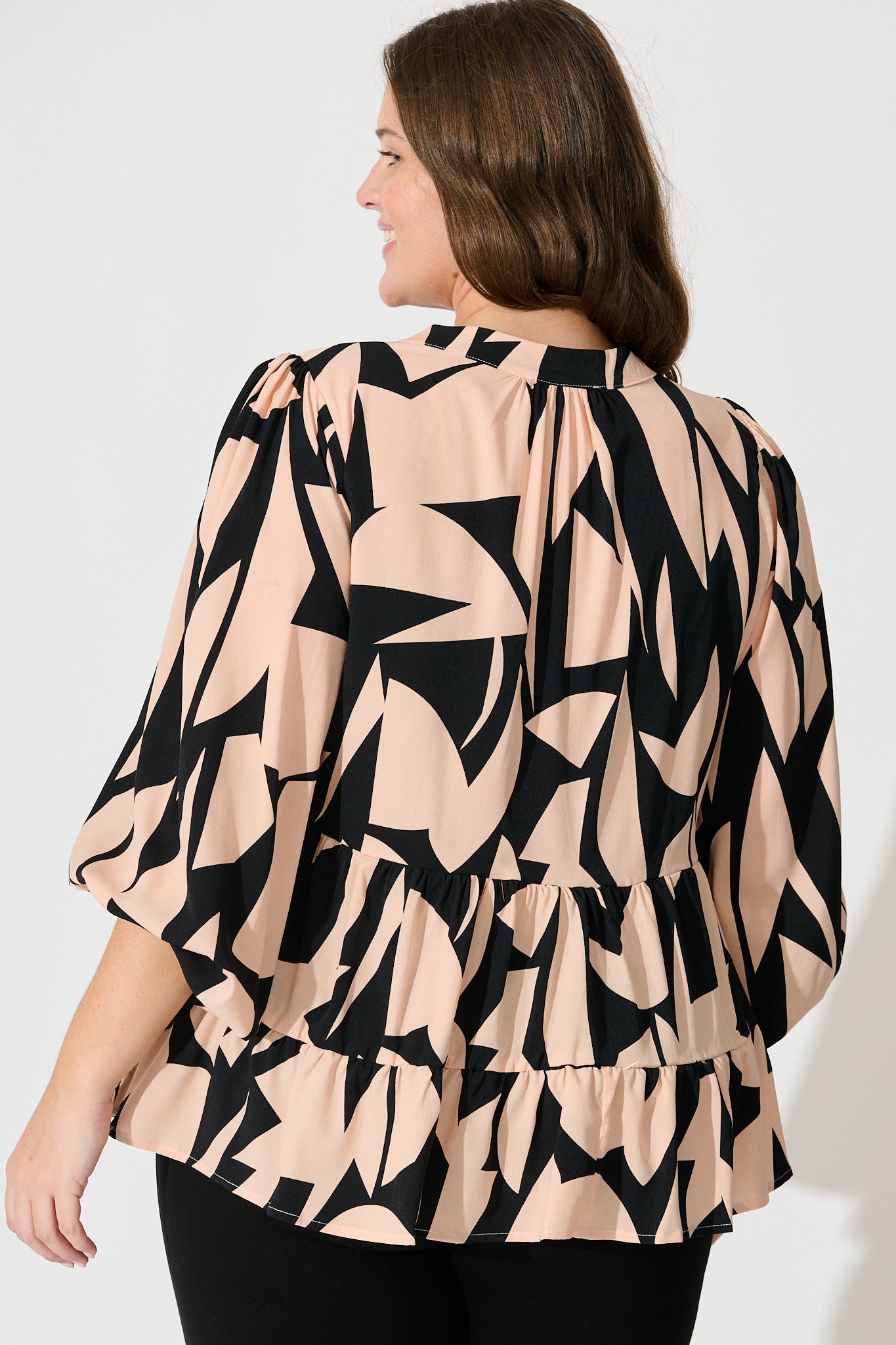 Talena Top in Black and Beige Geometric Print