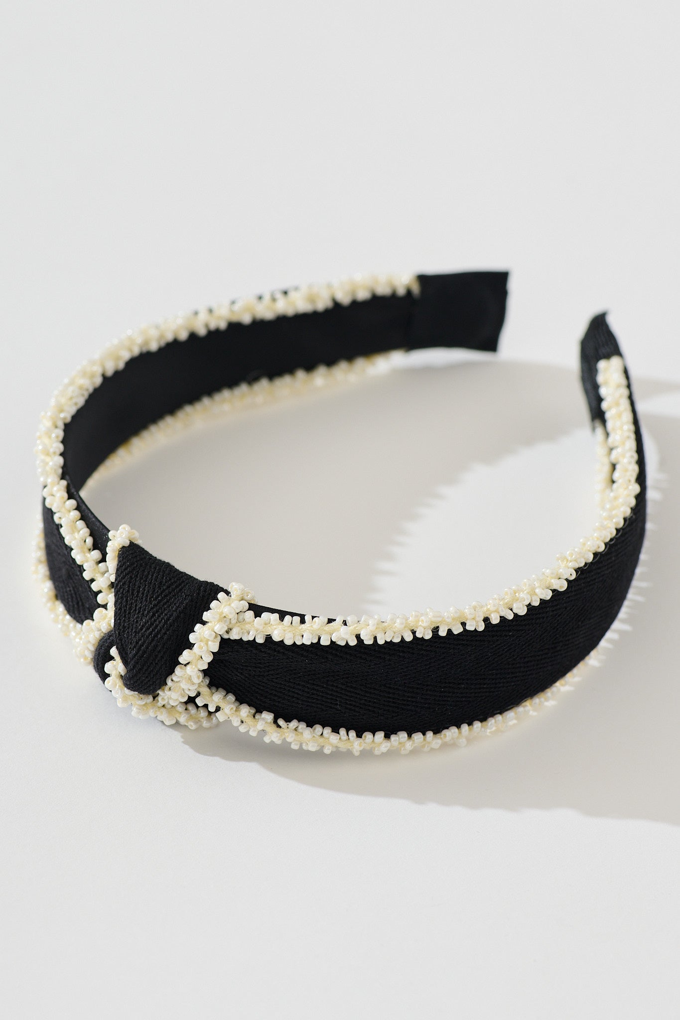 Tonia Beaded Knot Textured Headband in Black with Cream
