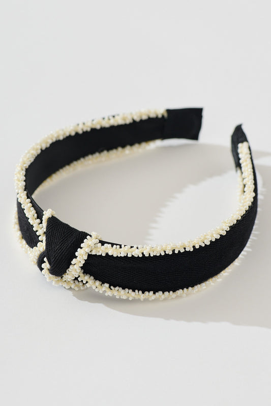 Tonia Beaded Knot Textured Headband in Black with Cream