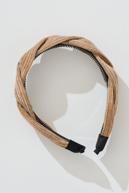 Gina Braided Twist Headband in Brown Corduroy