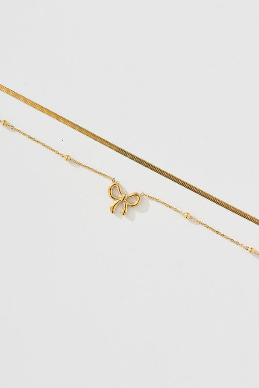 Bowie Layered Necklace in Gold with Ribbon Charm