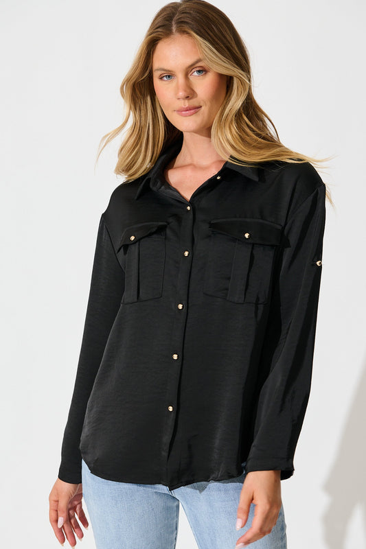 Gracie Shirt in Black Satin