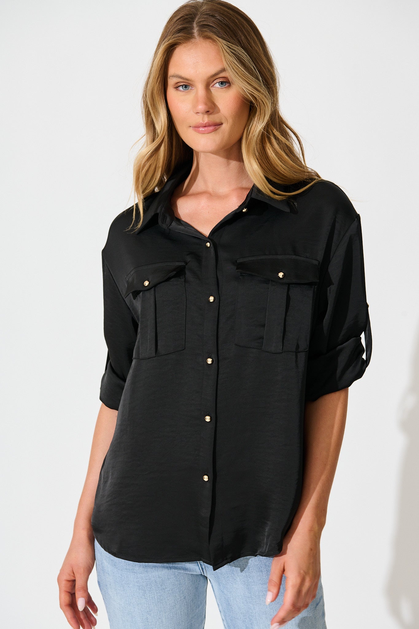 Gracie Shirt in Black Satin