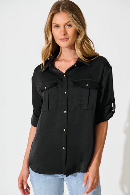 Gracie Shirt in Black Satin