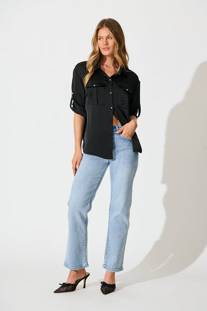 Gracie Shirt in Black Satin